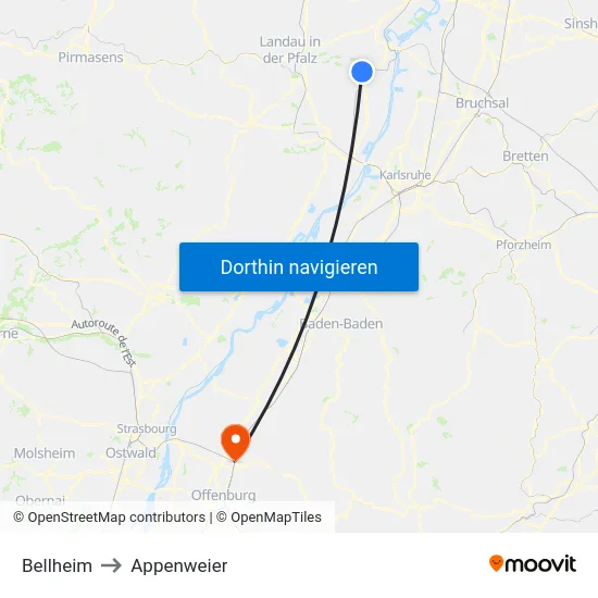 Bellheim to Appenweier map