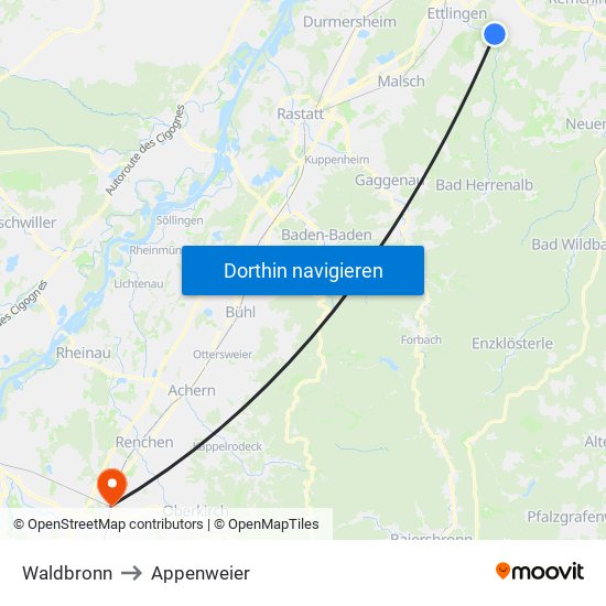 Waldbronn to Appenweier map