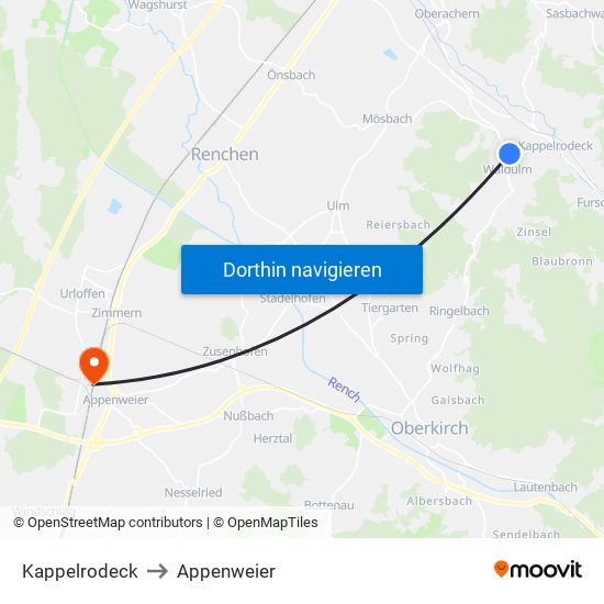 Kappelrodeck to Appenweier map