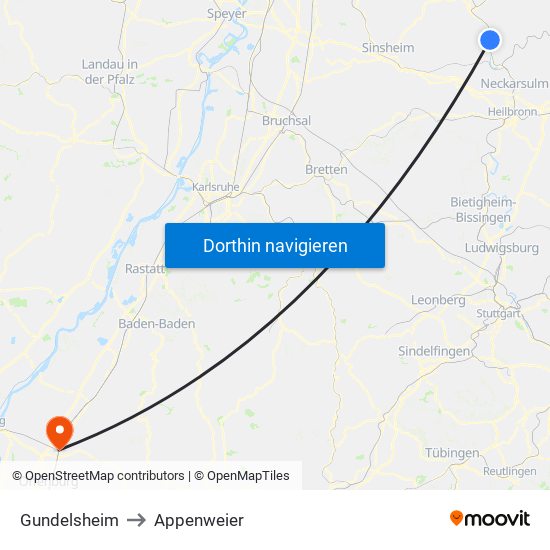 Gundelsheim to Appenweier map