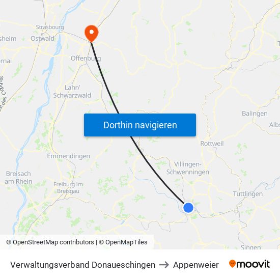 Verwaltungsverband Donaueschingen to Appenweier map