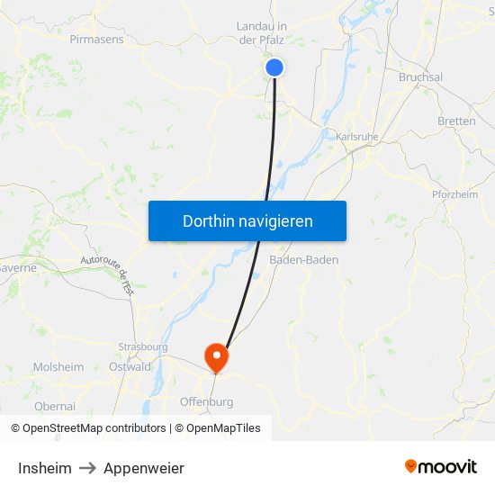 Insheim to Appenweier map
