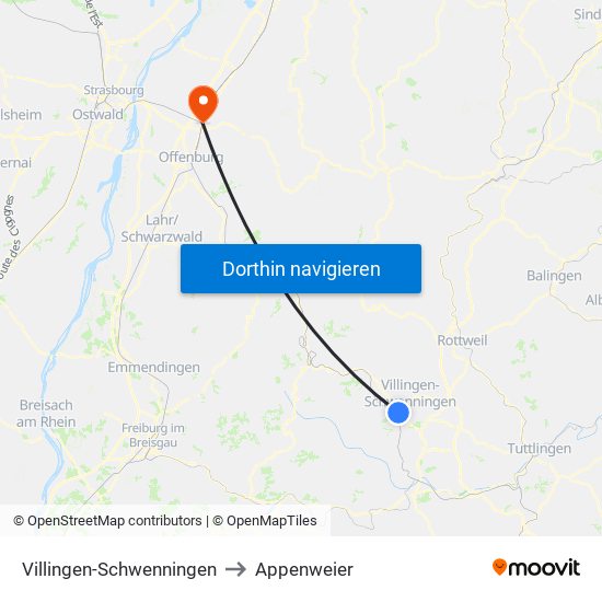 Villingen-Schwenningen to Appenweier map