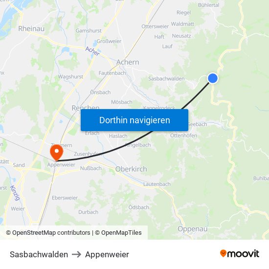 Sasbachwalden to Appenweier map