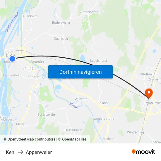 Kehl to Appenweier map