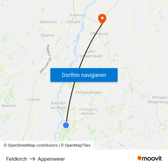 Feldkirch to Appenweier map