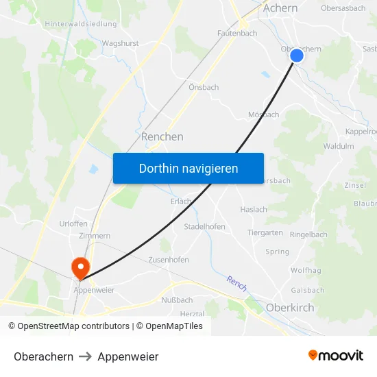 Oberachern to Appenweier map