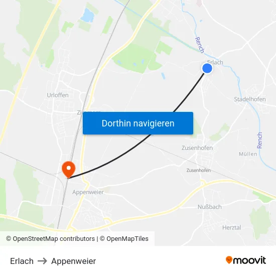 Erlach to Appenweier map