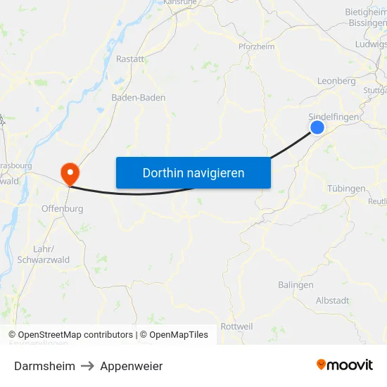 Darmsheim to Appenweier map