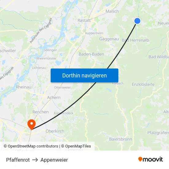 Pfaffenrot to Appenweier map