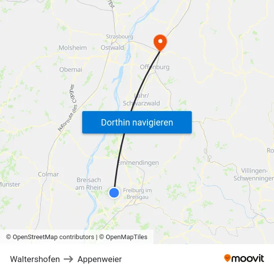 Waltershofen to Appenweier map