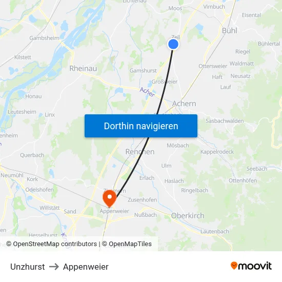 Unzhurst to Appenweier map