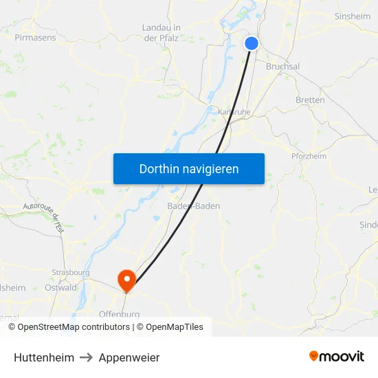 Huttenheim to Appenweier map