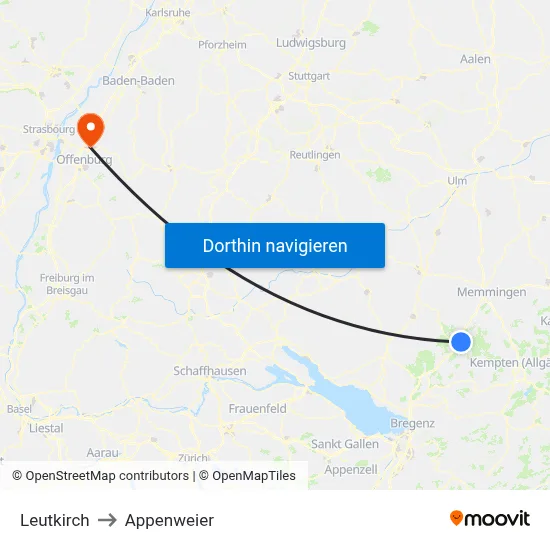 Leutkirch to Appenweier map