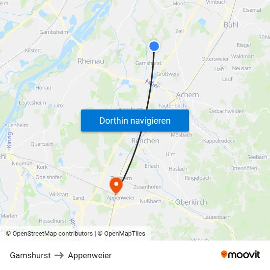 Gamshurst to Appenweier map