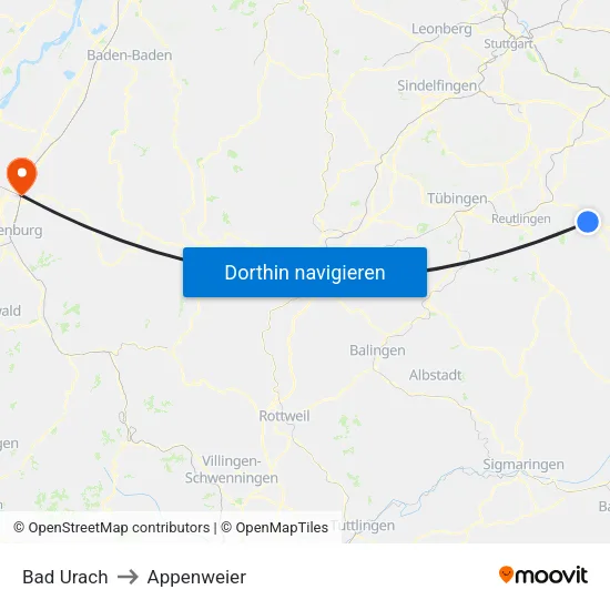Bad Urach to Appenweier map