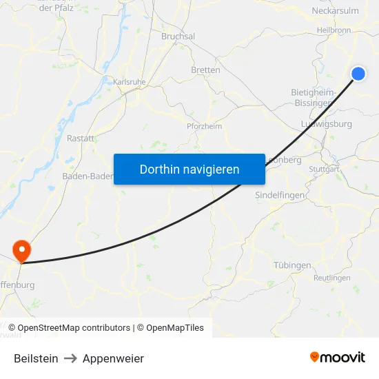 Beilstein to Appenweier map