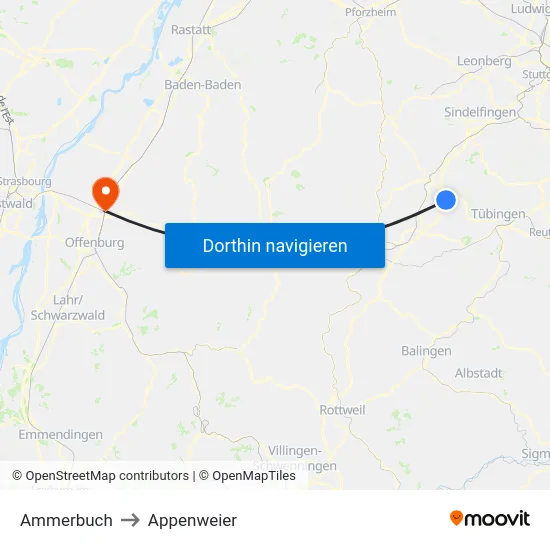 Ammerbuch to Appenweier map