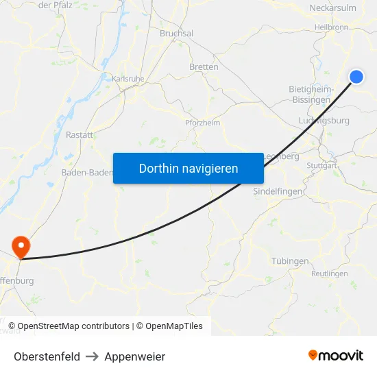 Oberstenfeld to Appenweier map