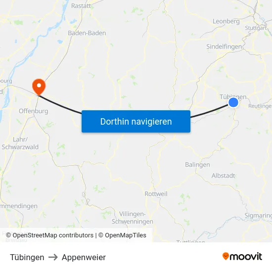 Tübingen to Appenweier map