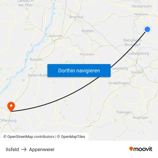 Ilsfeld to Appenweier map