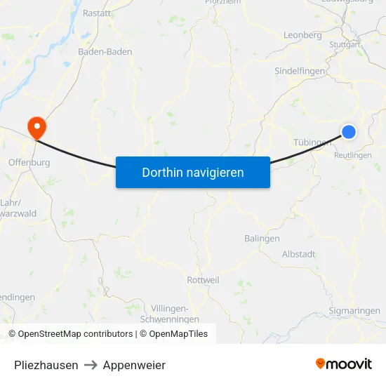 Pliezhausen to Appenweier map
