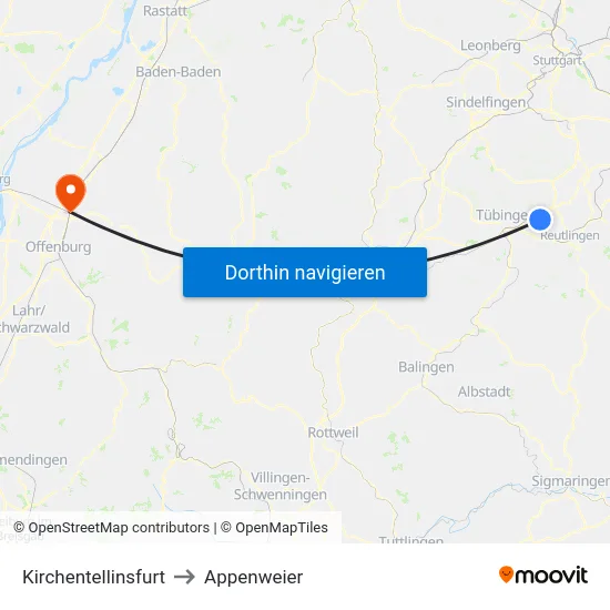Kirchentellinsfurt to Appenweier map