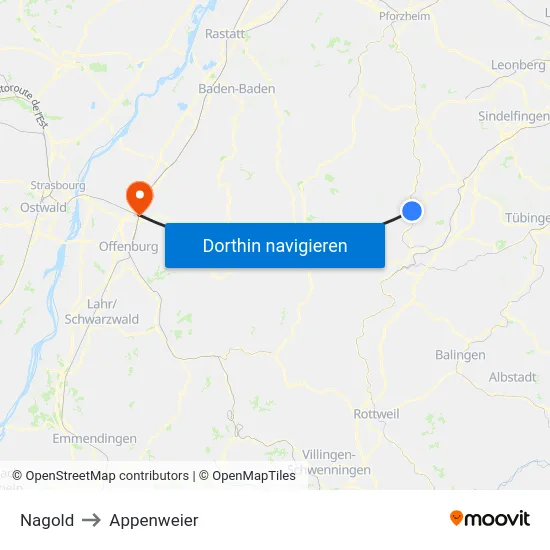 Nagold to Appenweier map