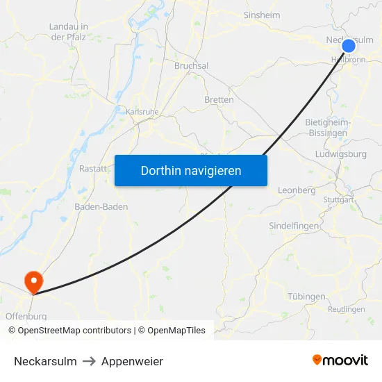 Neckarsulm to Appenweier map