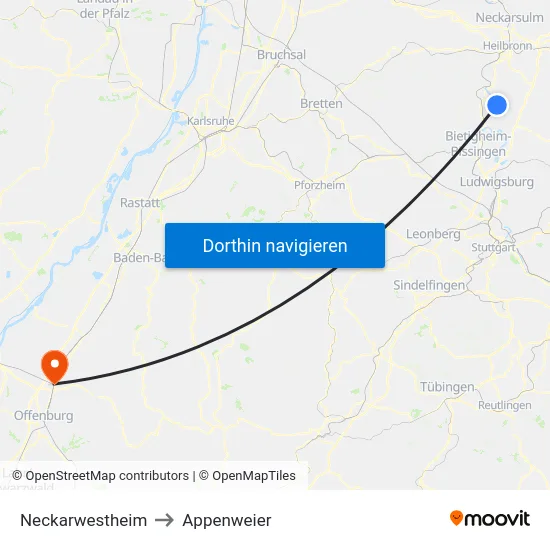 Neckarwestheim to Appenweier map