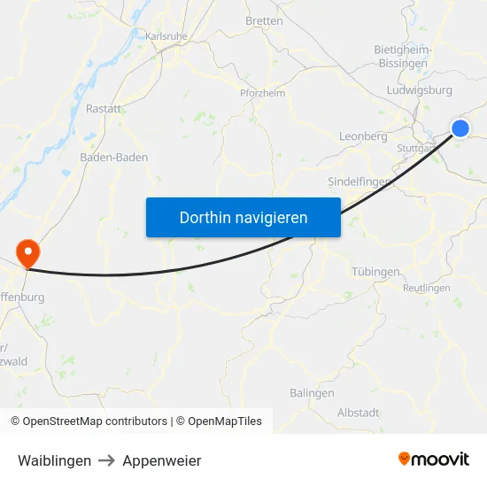 Waiblingen to Appenweier map