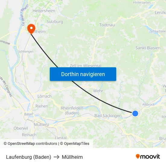 Laufenburg (Baden) to Müllheim map