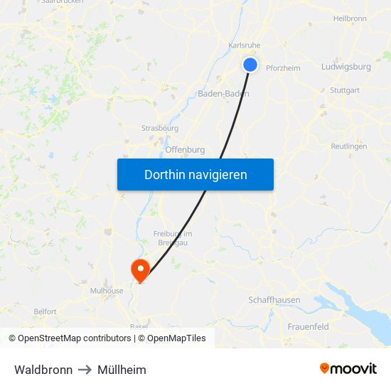 Waldbronn to Müllheim map