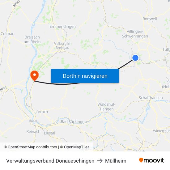 Verwaltungsverband Donaueschingen to Müllheim map