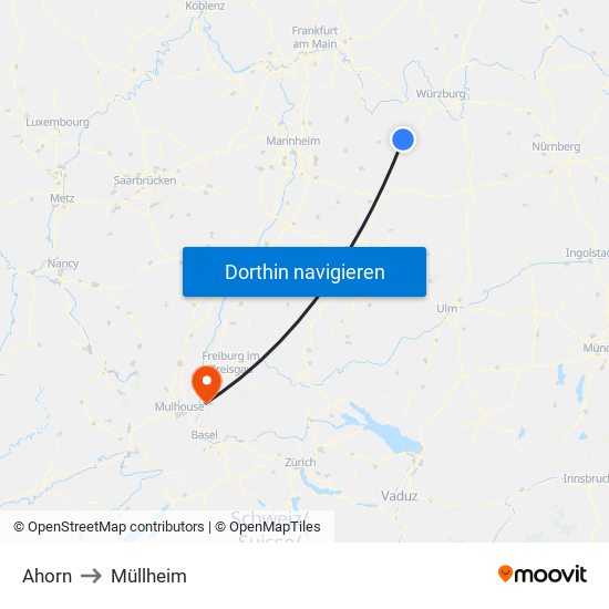 Ahorn to Müllheim map