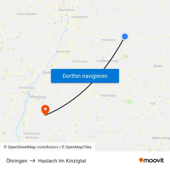 Öhringen to Haslach Im Kinzigtal map