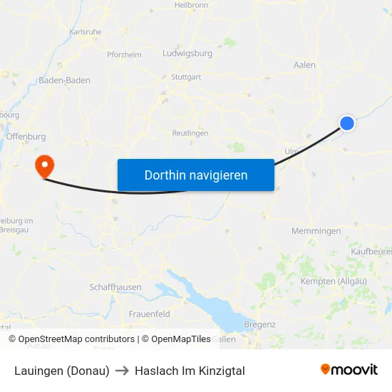 Lauingen (Donau) to Haslach Im Kinzigtal map
