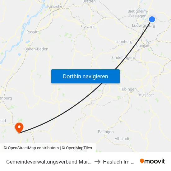 Gemeindeverwaltungsverband Marbach am Neckar to Haslach Im Kinzigtal map
