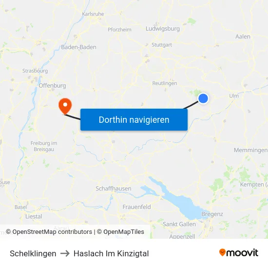Schelklingen to Haslach Im Kinzigtal map