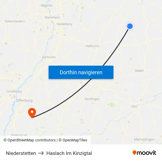 Niederstetten to Haslach Im Kinzigtal map
