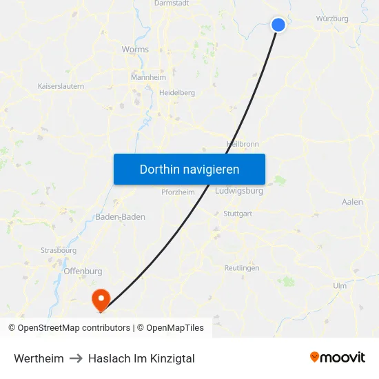 Wertheim to Haslach Im Kinzigtal map