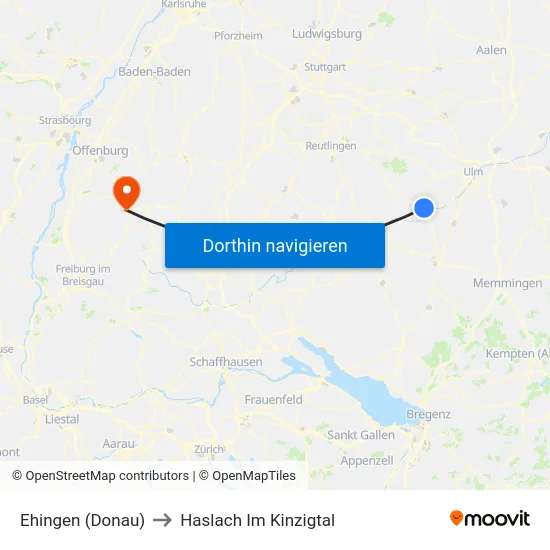 Ehingen (Donau) to Haslach Im Kinzigtal map