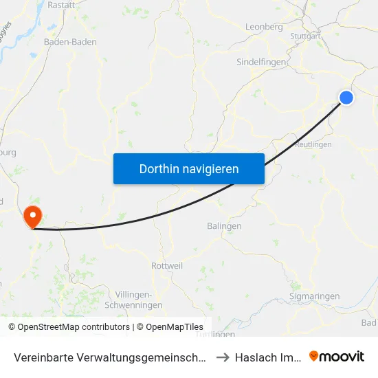 Vereinbarte Verwaltungsgemeinschaft Der Stadt Nürtingen to Haslach Im Kinzigtal map