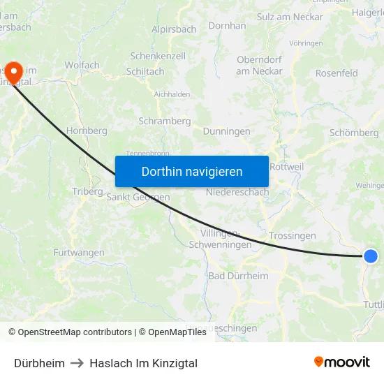 Dürbheim to Haslach Im Kinzigtal map