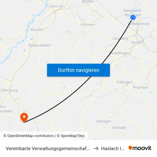 Vereinbarte Verwaltungsgemeinschaft Der Stadt Bietigheim-Bissingen to Haslach Im Kinzigtal map