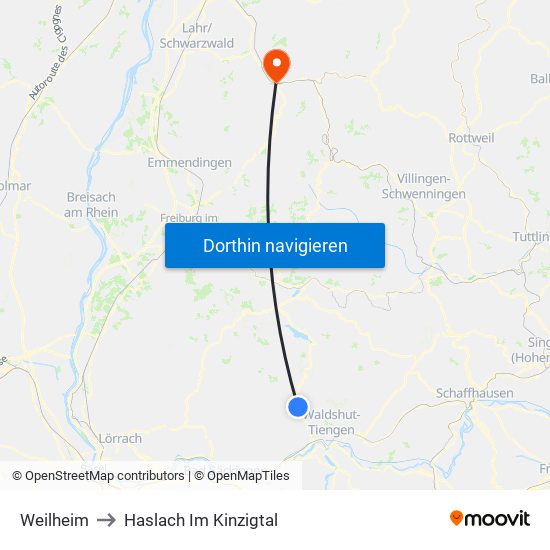 Weilheim to Haslach Im Kinzigtal map