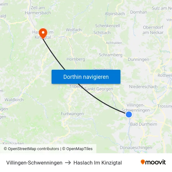 Villingen-Schwenningen to Haslach Im Kinzigtal map