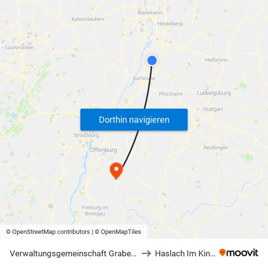Verwaltungsgemeinschaft Graben-Neudorf to Haslach Im Kinzigtal map