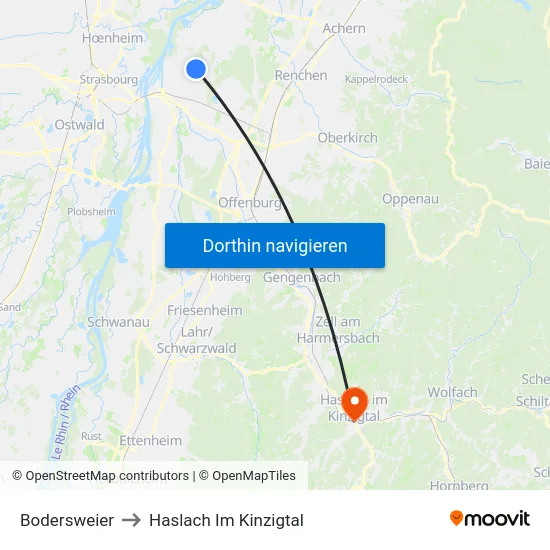 Bodersweier to Haslach Im Kinzigtal map