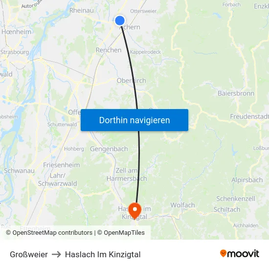 Großweier to Haslach Im Kinzigtal map